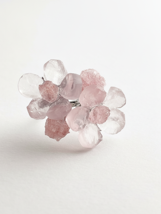 Twin Bloom Rose Quartz and Strawberry Quartz Ring front view by Oryssia