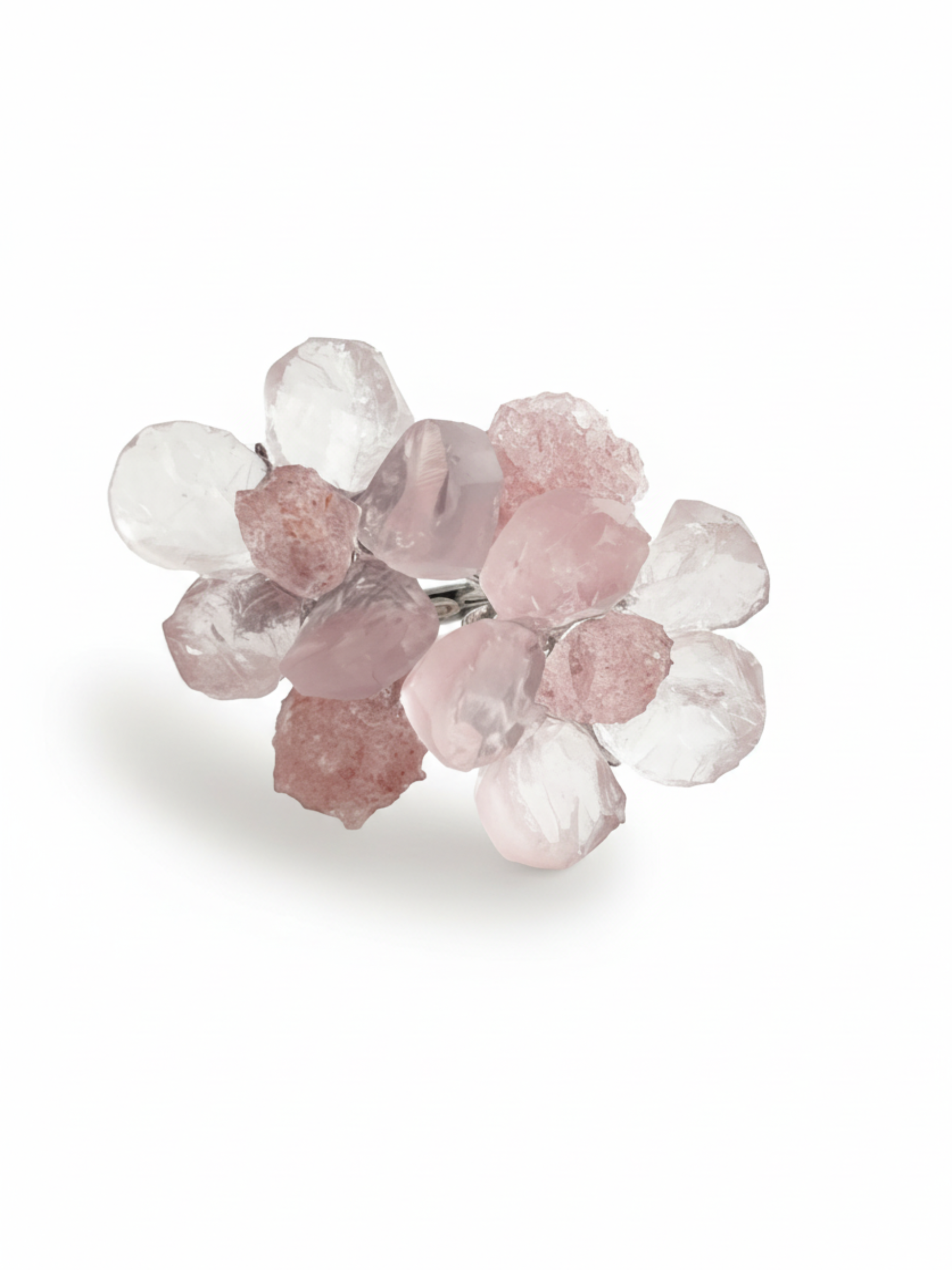 Twin Bloom Rose Quartz and Strawberry Quartz Ring front view by Oryssia