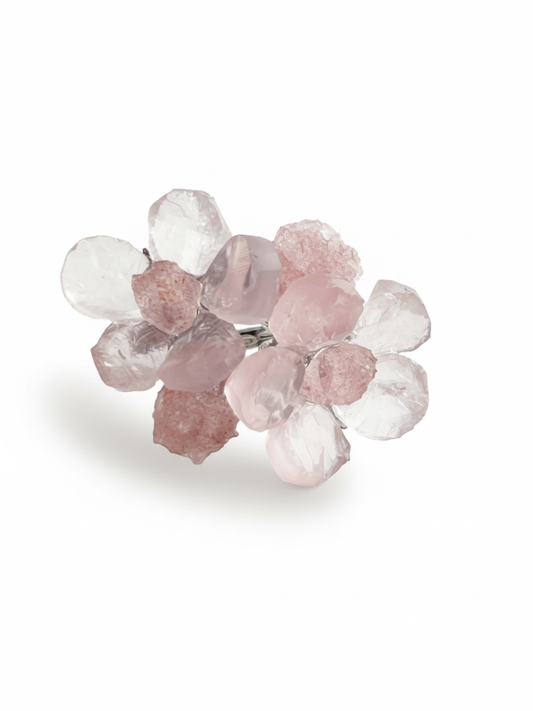Twin Bloom Rose Quartz and Strawberry Quartz Ring front view by Oryssia