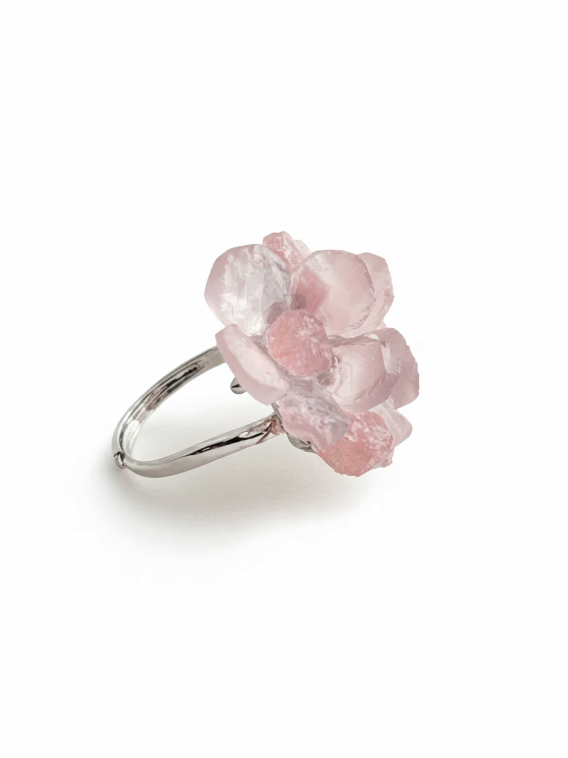 Side view of Twin Bloom Rose Quartz and Strawberry Quartz Ring by Oryssia