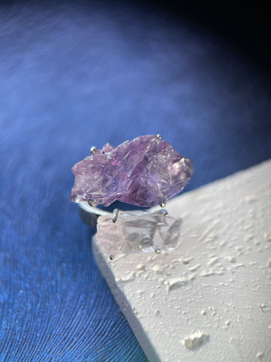 Amethyst & Clear Quartz Raw Crystal Ring