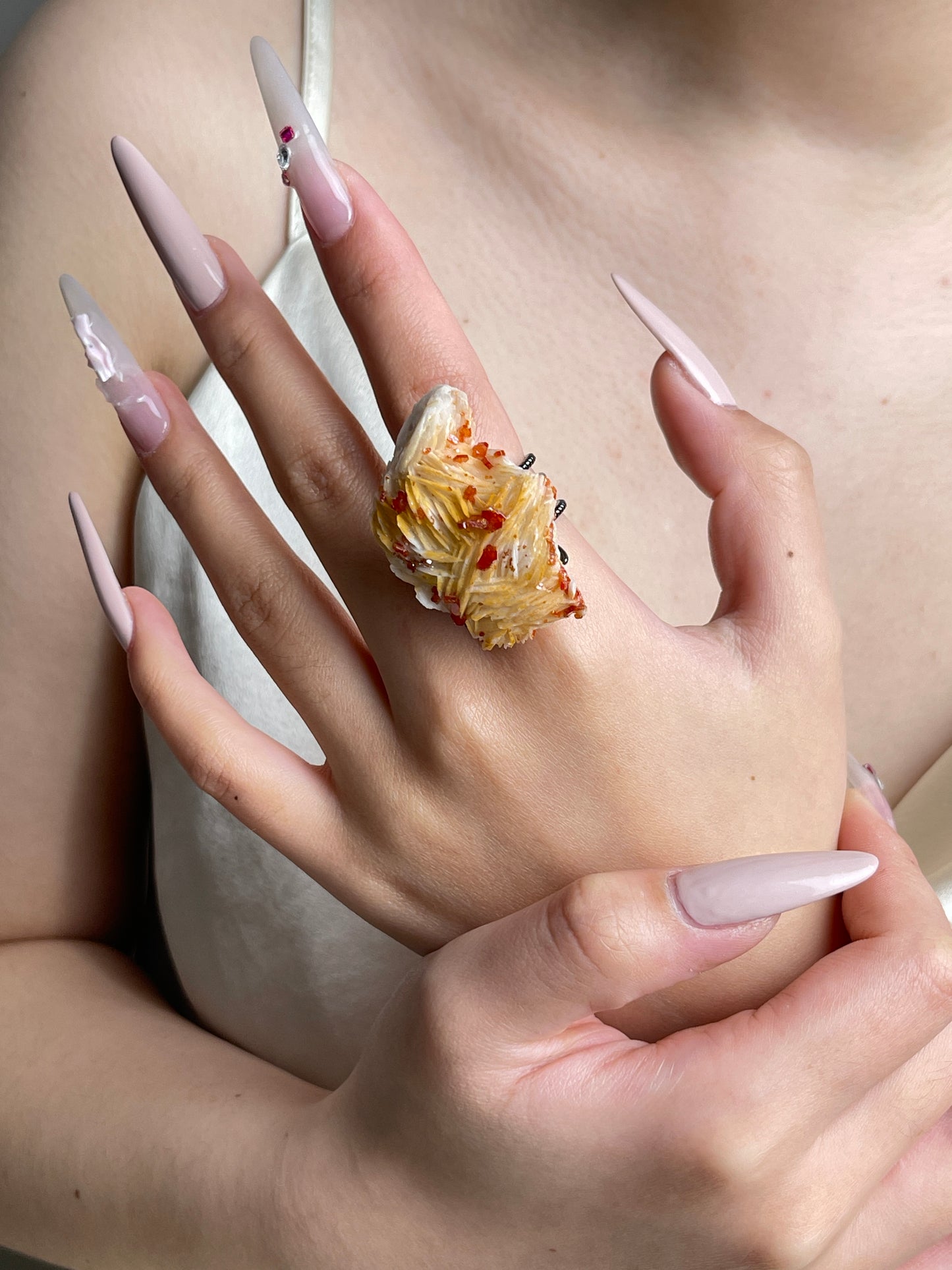 Vanadinite on Barite mineral specimen ring worn on hand