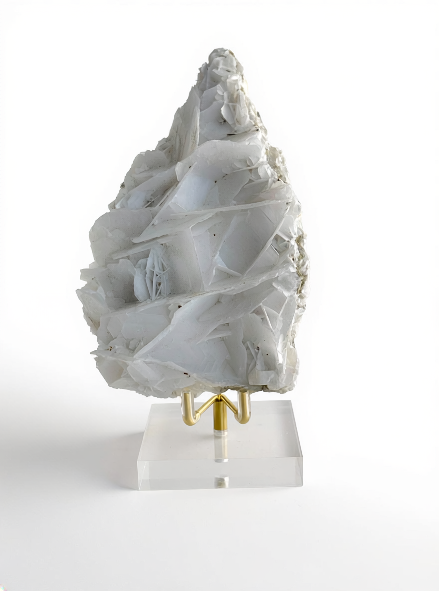 white rose calcite mineral specimen with layered petal-like crystal formation front view