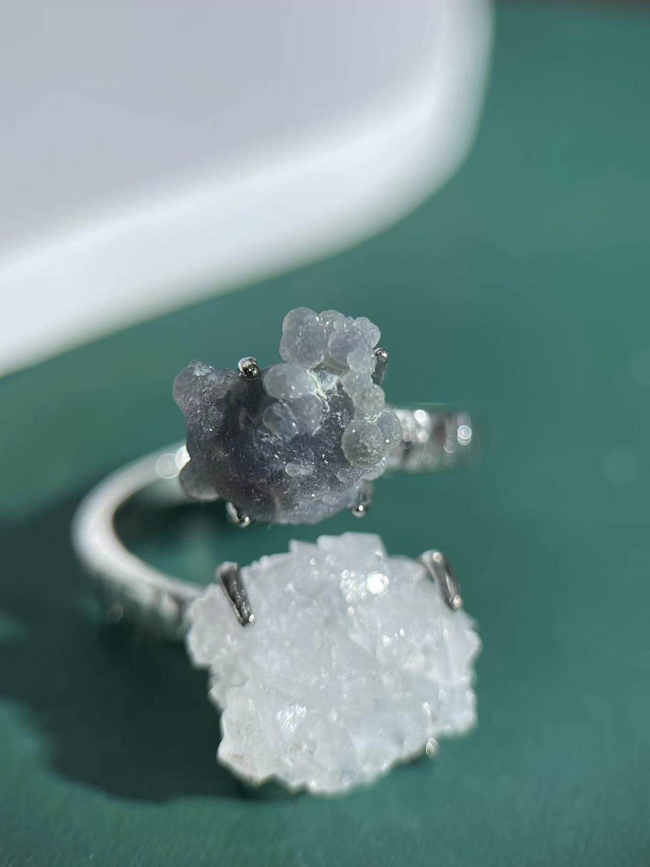 White Sugar Quartz & Grape Agate Twin Crystal Ring